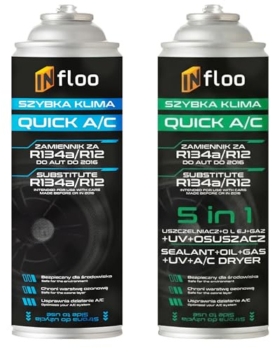 INfloo Quick A/C R134a 5en1 Gas Aceite Sellador Tinte UV Deshidratante + R134a Gas + Guantes | Recarga de aire acondicionado para coches 1994–2016