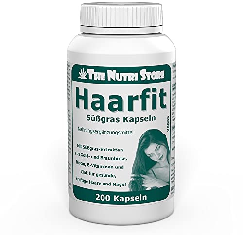 HaarFit Süßgras vegane Kapseln 200 Stk. - mit Süßgras-Extrakten aus Gold- und Braunhirse, Biotin, B-Vitaminen und Zink für gesunde, kräftige Haare und Nägel