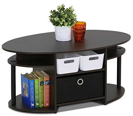 Furinno JAYA Coffee Table, Oval Modern Coffee Table with Shelves and Storage Bin, Side Table, for Living Room, Bedroom, Home Office, Walnut