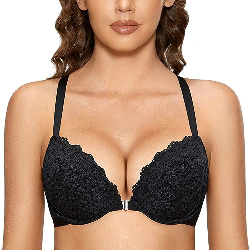 DOBREVA Damen Vorderverschluss BH mit Bügel Push Up Spitzen Neckholder BHS Racerback Tiefer Ausschnitt Gepolsterter Schwarz 90D