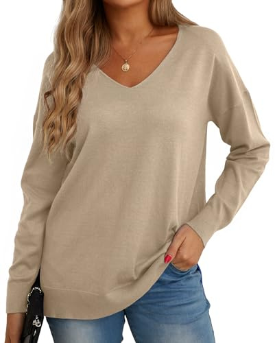 GRECERELLE Pull Femme Col V Décontracté en Tricot avec Manches Longues - Pullover Chic et Élégant pour l'hiver (Kaki, M)