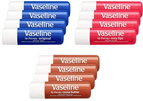 Vaseline Lip Therapy Stick with Petroleum Jelly | Lip Balm Set Collection | Original | Rosy Lips | Cocoa Butter, Pack of 12