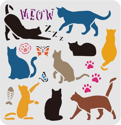 FINGERINSPIRE Katzen Malschablonen 30x30cm Schmetterling Katzenpfote Schmetterling Fische Stencil, Kunststoff Quadratisch Wiederverwendbar Schablonen zum Malen auf Holz, Boden, Wand und Stoff