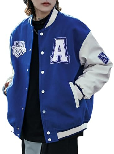 ORANDESIGNE Bomber Giacca Donna Giacca Sportiva Casual Bomber Jacket con Tasca Giacca College Sweat Jacket Patchwork Oversized Giacche Cappotto Vintage Streetwear Outwear Uomo A Blu L