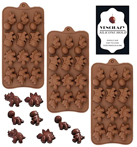 VENCILAZY Dinosaur Silicone Mould Set 3PCS - 12-Cavity Chocolate, Ice Cube & Candy Tray | Non-Stick Baking Decor for Kids Party, Cake Toppers | BPA Free Jelly/Wax Melt Mould (Dino Theme)