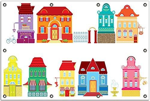Wallario Outdoor-Poster für Garten oder Balkon Bunte Häuser in Einer Stadt - Comic Stil, Motivbanner Größe: ca. 80 x 120 cm, Outdoor-Bild