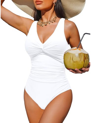 Holipick White Women Tummy Control One Piece Swimsuit - Push Up Bathing Suit Full Coverage Slimming Swimwear L