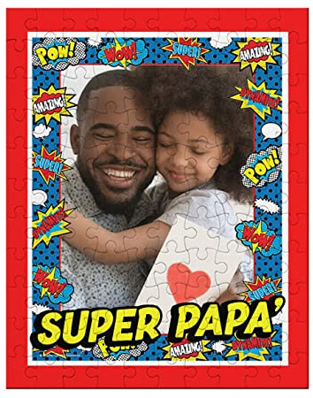 Puzzle personalizzato con la tua foto nella cornice! Super papà! Idea regalo festa del papà, 96 pezzi in cartone!