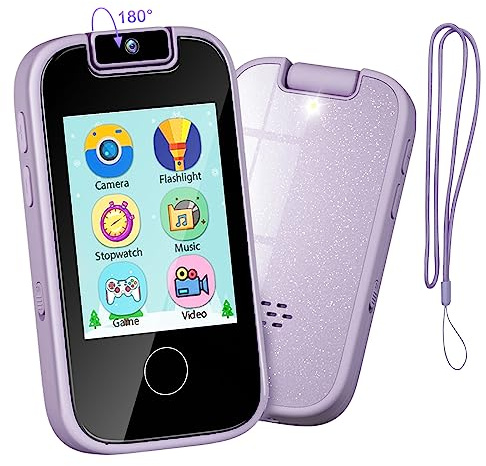 PTHTECHUS Kinderkamera Spielzeug Handy für Mädchen Jungen - Touchscreen MP3-Player mit Flip Kamera, Habit Tracker, Spiele, Alphabet, pädagogische Lernen Geburtstagsgeschenke für 3-12 (Lila)