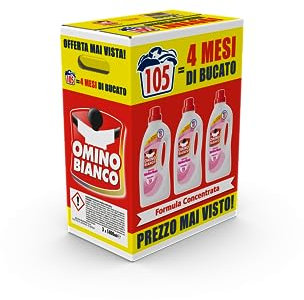Omino Bianco - Detersivo Lavatrice Liquido, 105 Lavaggi, Rispetta Colori e Tessuti, Fresco Profumo di Ninfea Rosa, 1400 ml x 3 Confezioni