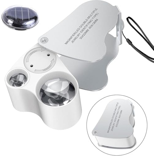 TITKBOW Loupe de bijoutier 30 x 60 x pliable avec 2 LED lumière grossissante avec lumière pour travaux manuels, montres, diamants, tailles, pierres précieuses Argenté