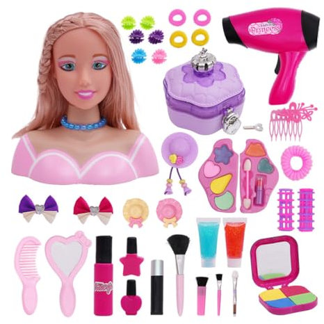 Amecon Schminkköpfe & Frisierköpfe mit Haartrockner, Kosmetik Zubehör für Kinder Mädchen, 40 Stück Styling Head Spielzeug, 2023 Weihnachten Geschenk