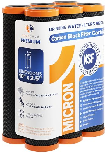 Aquaboon 1 Micron Carbon Block Water Filter 10 x 2.5 - CTO Whole House Water Filters for Countertop, Under Sink Setup Compatible with FXWTC, 6 Pack