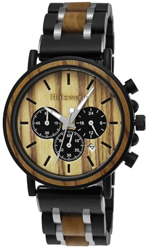 Holzwerk Germany Orologio da uomo, realizzato a mano, in legno, ecologico, naturale, cronografo, analogico, al quarzo, marrone, nero, data, quadrante in legno, marrone, cinghia