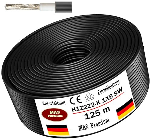 Câble solaire H1Z2Z2-K 4, 6 ou 10 mm², de 5 à 200 m, noir, rouge ou bleu, à enterrer, photovoltaïque, sans halogène, double isolation (H1Z2Z2-K 6, noir, 125 m)