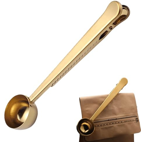 EMVANV Coffee Scoop Clip,Stainless Steel Measuring Scoop With Coffee Bag Clip for Ground Coffee Tea Protein Scoop Tablespoon Measure Spoon(Gold)