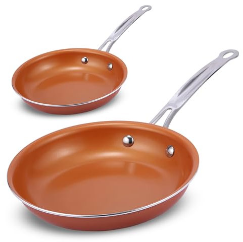 Innovacook Duo - Pack Copper Ceramic Frying - Pack 20cm and 22cm, Long Lasting Pan, Innovative Cookware, Double Layer Coating Pan, Suitable for All Cooking hobs, Copper Style - Orange