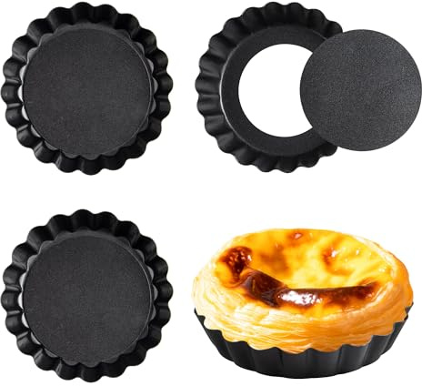 JUNART 4 stampi per crostate da 10 cm, teglie rotonde antiaderenti con fondo rimovibile, lavabili in lavastoviglie, riutilizzabili, per torte di formaggio, crostate all'uovo