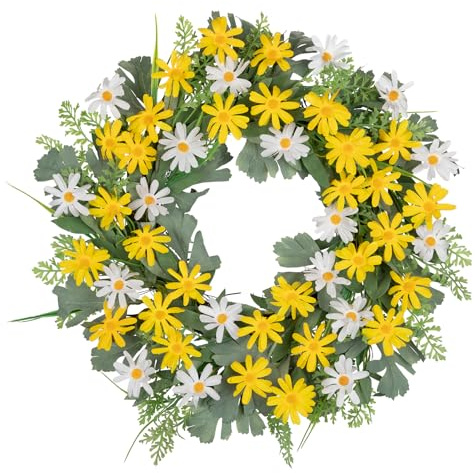 Arborus Spring Wreaths for Front Door 55cm Yellow Daisies Artificial Flower Wreath Fake Green Wreath Silk Floral Summer Wreaths for Home Farmhouse Window Wall Wedding Decor