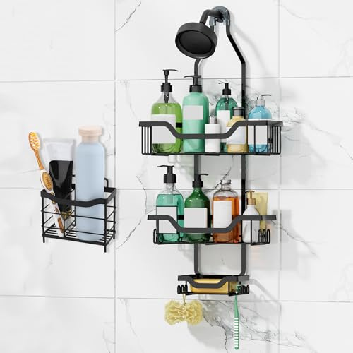 Yimomoyi Cesta Ducha Colgar, Estantería de Ducha con Soporte para Cepillo de Dientes, Estanteria Baño sin Taladro, Organizador de Baño con 12 Ganchos, Estante con Jabonera para Baño