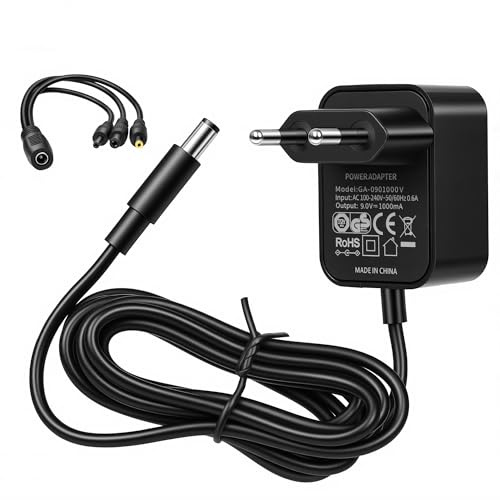 9V 1A 1000mAh Adaptateur Secteur Alimentation Chargeur pour 5.5mm* 2.1mm | Connecteur AC/DC 100-240V 50-60Hz Charge Rapide Détection Intelligente + Câble de conversion 500mAh 200mAh