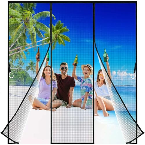 Zlhloj Magnetic Double Door Screen, 140x200 cm Heavy Duty Fly Door Screen Mesh with Powerful Magnets, Durable Mesh Curtains Keeps Bugs Out, Frame Hook & Loop, Kid and Pet Friendly Black