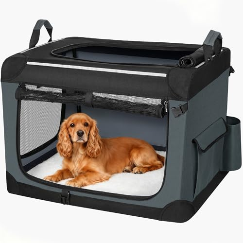 Fobyfurny Hundebox Faltbar mit 3-Türiger, 76,2 x 53,4 x 53,4 cm, Grau | Transportbox Hund, Tragbare Hundetasche mit Reflektierenden Streifen, Taschen, Oxford-Gewebe, Matte ist Abnehmbar, FPDT006OG1