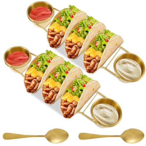8Pcs Stainless Steel Taco Holder Set - Rustproof Sturdy Food Grade Oven Safe Dishwasher Safe, with Spoon Salad Cup, Serving Tray for Mexican Dishes Toppings Tacotuesday Wedding Registry Gift(golden)