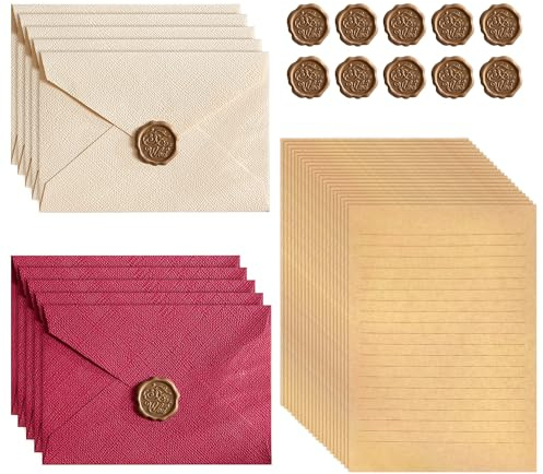 40 Stück Briefpapier mit Umschlag, Vintage Briefpapier Set mit Umschläge und Wachssiegel Selbstklebend, Vintage Papier Briefumschläge Edel für Hochzeit Einladung, Liebesbrief oder Dekoration