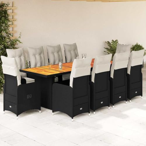 QJBSAVVA 11-TLG. Garten-Bistro-Set Schwarz, 10 verstellbare Poly-Rattan-Sessel, Akazienholztisch 240×90 cm, Balkon/Terrasse/Camping