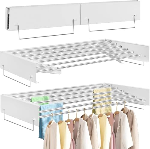FREEAMG Wäscheständer Wandmontage, 100CM Klappbarer Wandtrockner, Weiß | Wäscheständer mit Fünf Edelstahl-Kleiderstangen, Wäscheständer Wand mit 6M Trockenlänge, 30KG Tragkraft,für Drinnen/Draußen