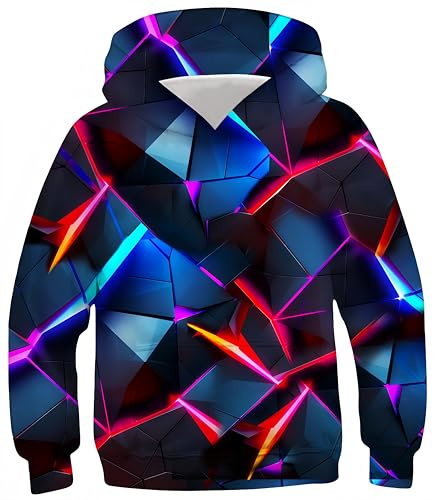 Ocean Plus Pojkar Hoodie Färgglad Tonåringar Hoodie Barn Langärmspulli med Huva Tröja Unisex Digitaltryckad Pullover (L (Höjd: 145-150cm 2), Neon geometrisk polygon 2)