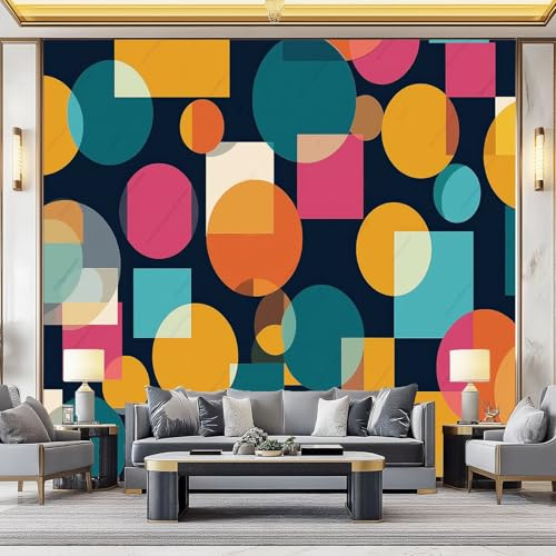 Tapete 3D Fototapete, Retro Geometrisch Kreis Quadrat Muster design, Bunt Vliestapete, 3D Effekt Moderne Wandtapete Wanddekoration für Wohnzimmer Schlafzimmer Esszimmer 250 x 175 cm
