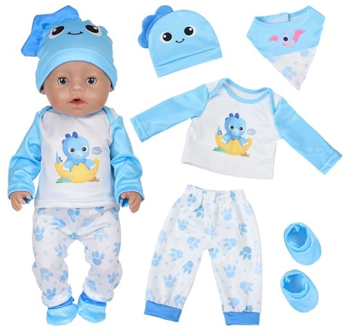 5 Stück Baby Puppenkleidung für 35-45 cm Babypuppen, Dinosaurier Puppenkleidung mit Langärmeliges Hemd Hose Latzhose Mütze Socken 12-18 Zoll Puppenkleidungsset Puppenzubehör für Kinder Mädchen Jungen
