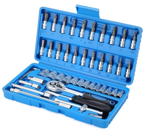 HSEAMALL Juego de 46 piezas con llave de trinquete de 1/4 de pulgada, juego de llaves de trinquete métricas con puntas de vaso, barra de extensión para herramientas de reparación de automóviles y