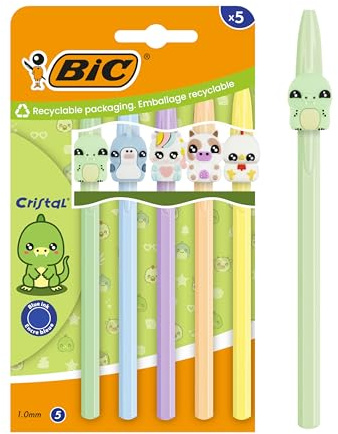 BIC Cristal Pastel Figurines Stylos-bille à pointe moyenne (1,00 mm) Encre bleue - 5 personnages et couleurs de corps assortis, Carton Pack de 5