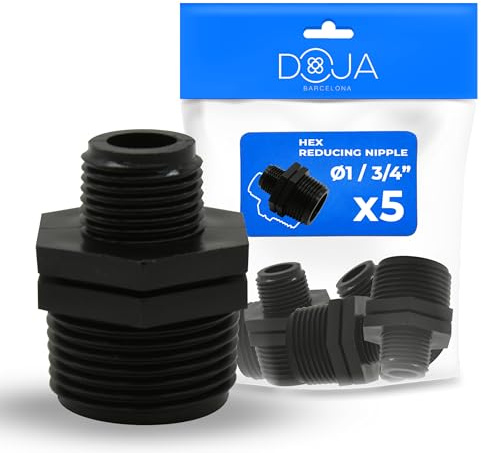DOJA Barcelona Nipplo Ridotto Plastica - 1x3/4 - Pack 5 - Raccordo Filettato Maschio Maschio, Facilmente Installabile, Versatile, Ideale per Giardinaggio e Uso Domestico con Raccordo Polipropilene