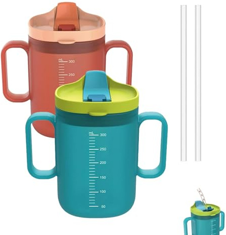 HUAXITRA 2 Pack Elderly Spill Proof Cups Adult Sippy Cup, 300ML Unspillable Cup with 2 Handles, Elderly Drinking Cup with Lid and Straw, Feeding Cup for Seniors, Disabled, Patients (Blue + Orange)