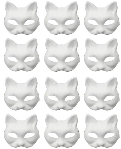 MZinge 12/10 Stück DIY bemalbare Blanko-Katzen- und Fuchs-Halbgesichtsmasken, handbemalte Masken für Maskerade, Karneval, Cosplay und Halloween