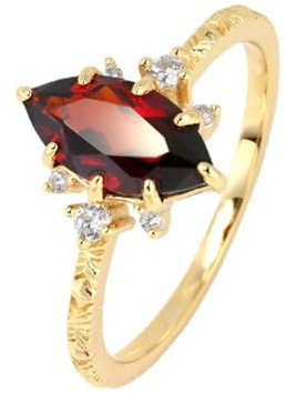 Mesnt Damen Gelbgold Frauen-Verlobungsring Vintage mit Marquise-förmigem Granat und Moissanit