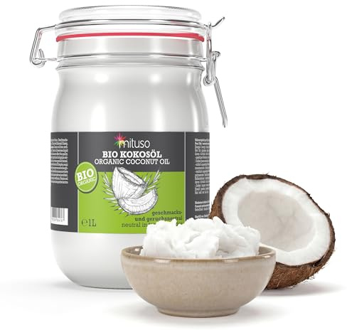 mituso Bio Kokosöl desodoriert 1 Liter | Geschmacksneutral - Ideal zum Braten, Backen, Frittieren | vegan, ohne Zusätze - Vielseitig für Haut & Haar | im Drahtbügelglas