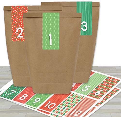 Papierdrachen Adventskalender zum Befüllen - mit 24 braunen Papiertüten und 24 rot-grünen Aufklebern - zum Selbermachen und Basteln - Mini Set Nr 35 - Weihnachtskalender für Kinder