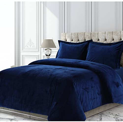 Tribeca Living VENICEDUVET Venice Velvet Oversized Solid Duvet Set, Queen, Navy Blue