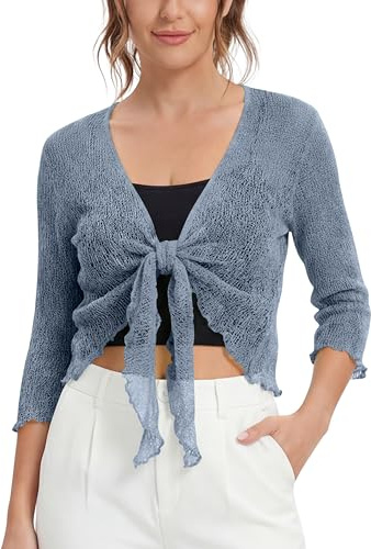 Love My Fashions® Women’s Fish Net Knitted Tie Up Bolero Shrug Top Ladies 3/4 Sleeve One Size Fits All Dark Grey