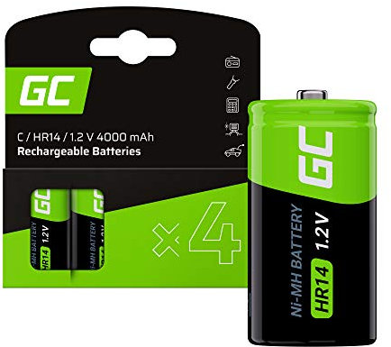 Green Cell 4000 mAh, 1,2 V, 4 batterie precaricate NI-MH C – batterie HR14 R14 Celle per bambini (C), pronto per l'uso, bassa autoscarica, batteria ricaricabile, senza effetto memoria