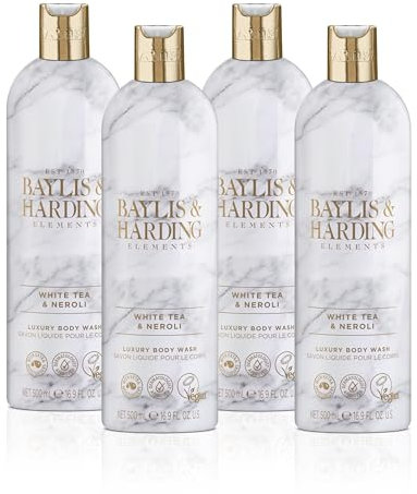Baylis & Harding Elements White Tea & Neroli Luxury Body Wash, 500 ml (Pack of 4) - Vegan Friendly