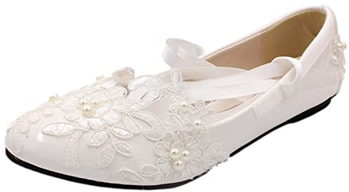 Jamron Donna Elegante Pizzo Ricamo Piatto Bianco Scarpe da Sposa con Perle SN070427 EU39.5
