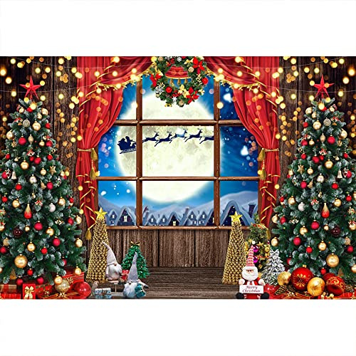 Aoihrraan 4,5x3m Noël Rebord De Fenêtre Photographie Toile De Fond Arbre De Noël Rouge Rideau Père Noël Renne Pleine Lune Hiver Nuit Fond Nouveau Année Festival Famille Fête Photo Accessoires