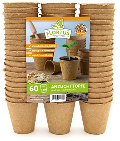 FLORTUS 6 cm Anzuchttöpfe rund auf Holzfaser Basis | 60 Stück | Pflanztöpfe für nachhaltige Gartenarbeit | 100% biologisch abbaubar, torffrei | Ideal für die Aussaat von Tomaten, Gurken und mehr