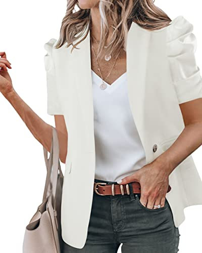 Newffr Damen-Sommer-Blazer, lässig, kurze Puffärmel, vorne offen, Büro-Blazer, Business-Jacken, Arbeitsanzug, Weiss/opulenter Garten, L